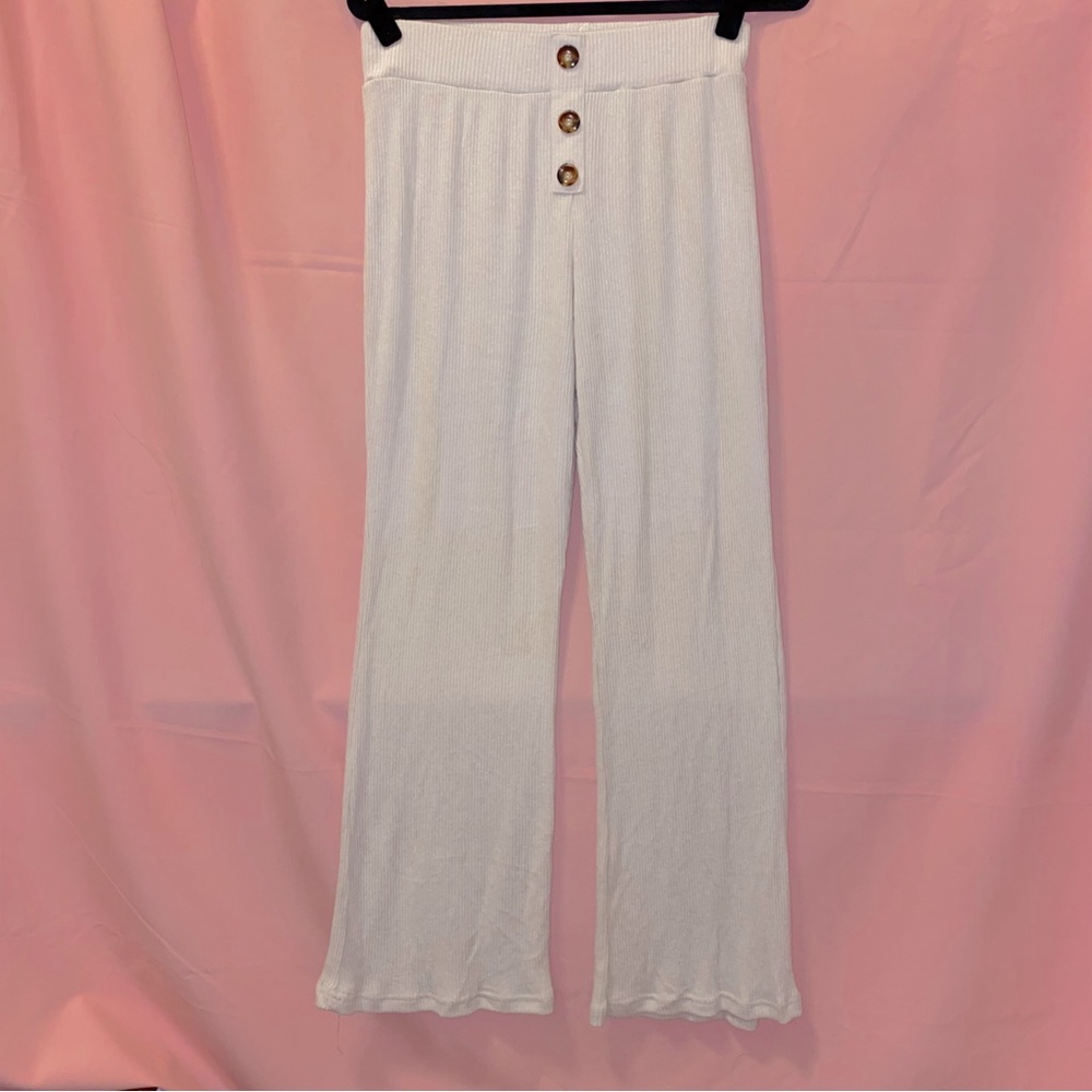 Cream White & Brown Buttons Pant Wide-leg Bootcut Grey White Lark + Gray Large L